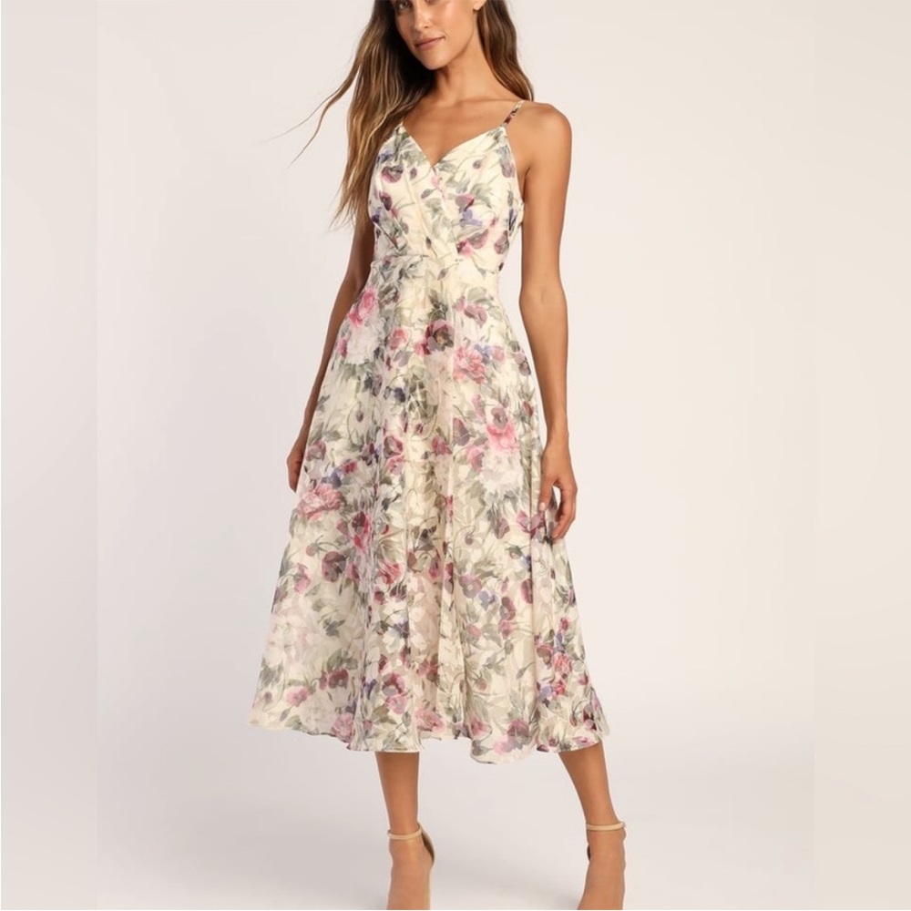 Lulus Sense of Chic Cream Floral Print Burnout A-Line Midi Dress New Size XL